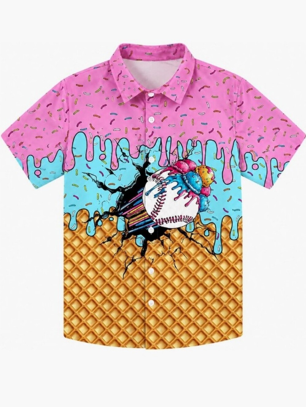 Boys Hawaiian Shirt, Stretch Button Down Beach Shirt Icecream